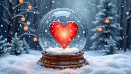 Fototapeta premium Heart inside a snow globe in winter forest