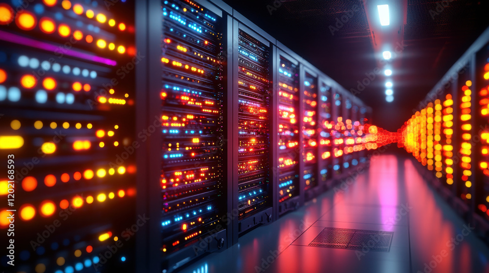 Poster vibrant view of high tech data center filled with illuminated servers, showcasing advanced technology and digital infrastructure. colorful lights create dynamic atmosphere