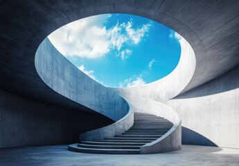Modern Architectural Spiral Staircase Leading to a Circular Sky Opening with Clear Blue Clouds and Concrete Structure, Capturing Light and Space Dynamics