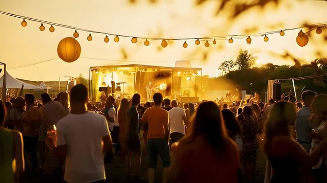 A lively outdoor festival during sunset with diverse young adults enjoying music, dancing, and socializing under string lights and lanterns