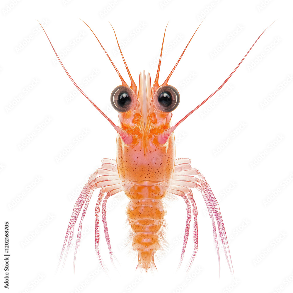 Poster a striking close-up image showcases the intricate detail of a small, translucent orange shrimp, its 
