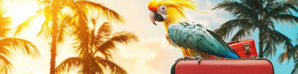 Obraz premium parrot on a suitcase on a beach background. Selective focus