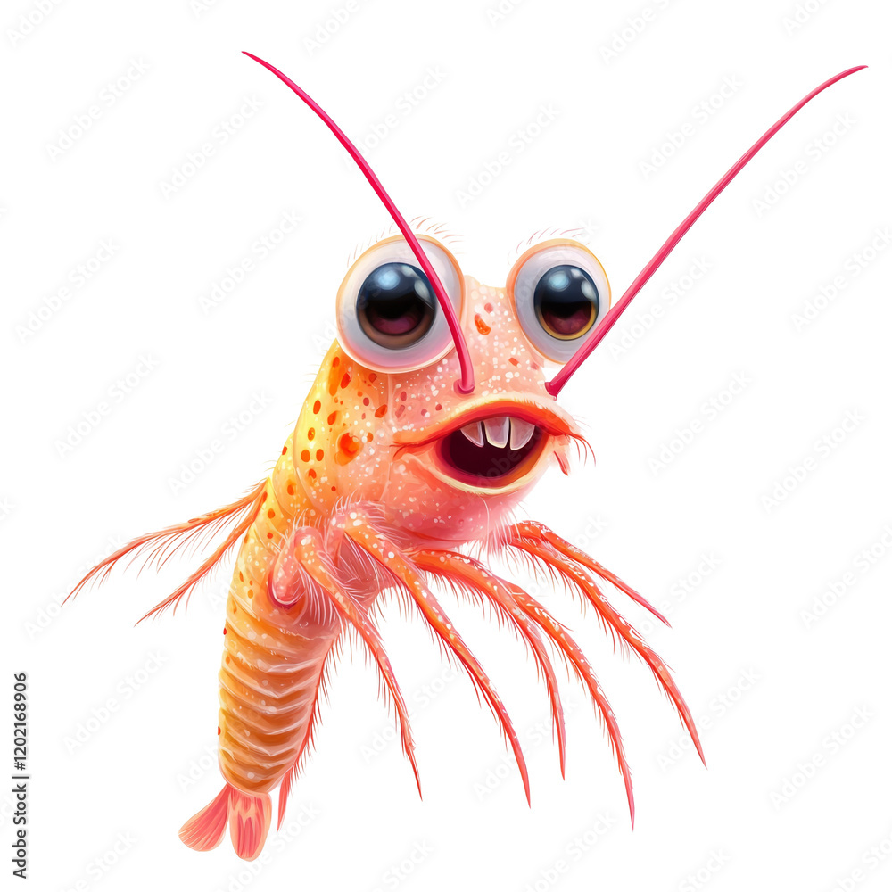 Poster a digitally created cartoon image of a happy shrimp with large eyes and vibrant red coloring.