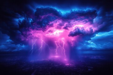 Obraz premium majestic storm clouds illuminated by dramatic lightning strikes, deep blue and purple tones, capturing nature's raw power