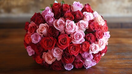 A bouquet of roses in various shades of red and pink placed on a wooden table, each petal perfectly formed