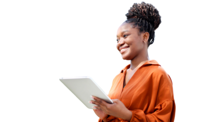Happy African businesswoman using tablet 