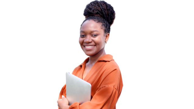 Happy African businesswoman using tablet 
