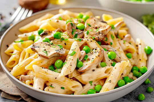 Penne pasta in a creamy sauce with mushrooms and peas, garnished with parsley, served in a bowl