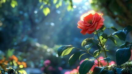 Obraz premium A blooming rose plant in a garden with sunlight filtering through the leaves, highlighting the vivid colors of the petals