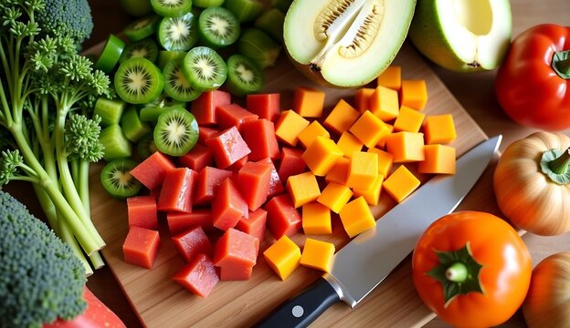 Colorful vegetables chopped on wooden cutting board