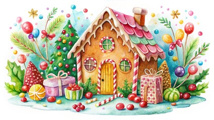 Festive watercolor sweets: gingerbread houses, candies, and floral delights for Christmas.