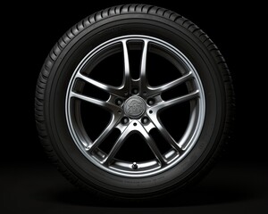 Obraz premium Alloy Wheel of Car. Close up View of Automotive Wheel with Tyre and Aluminium Rim in Beautiful Car Background