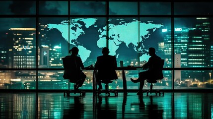 Silhouettes of business people sitting around a conference table in a modern office, with a large...