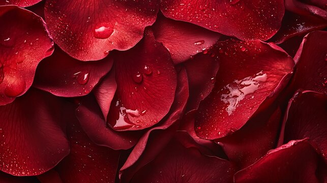 A close-up view of vibrant red rose petals covered in morning dew, capturing the delicate texture and color