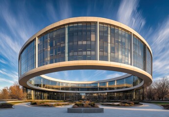 Fototapeta premium Modern Circular Building with Glass Facade Surrounded by Lush Landscaping Under a Dramatic Sky, Showcasing Contemporary Architecture and Clean Design Elements