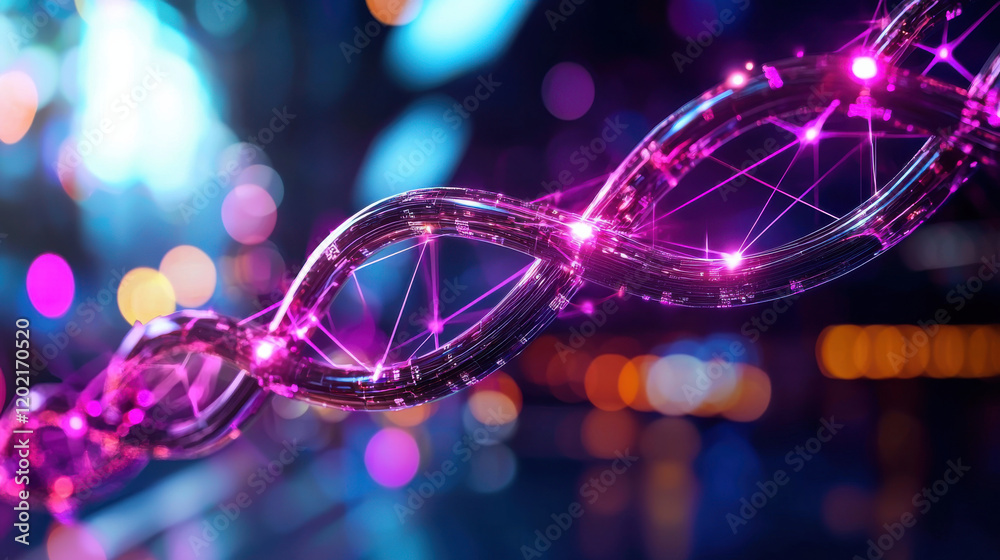 Poster vibrant, abstract representation of dna double helix with glowing purple strands, set against blurre