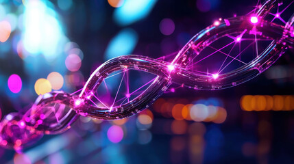 vibrant, abstract representation of DNA double helix with glowing purple strands, set against blurred background of colorful lights, symbolizing genetic science and innovation