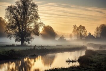 Autumn Fog over Riverside Park and Farms at Dawn in Singleton, Embracing the Beauty of Nature