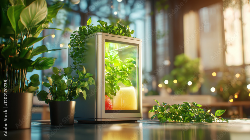 Poster modern vending machine filled with fresh juices and surrounded by greenery, showcasing blend of tech