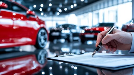 Salesman is signing a car purchase contract in a dealership showroom, with new cars blurred in the background, representing the automotive sales process