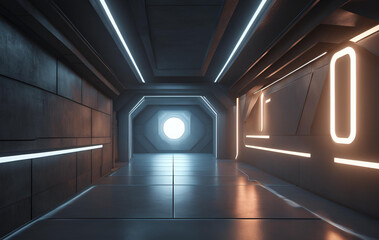 Futuristic SciFi Corridor with Modern Cement Floor for Product Display and Showcase, Technologie abstraite couloir néon lumière fond espace vide scène vaisseau spatial sombre IA générative
