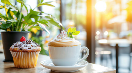 delicious cappuccino beside freshly baked cupcake, showcasing cozy cafe atmosphere with natural light streaming in