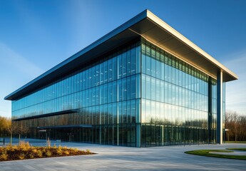 Modern Glass Building with Sleek Design and Open Space Surrounded by Nature, Reflecting Contemporary Architecture and Urban Aesthetics