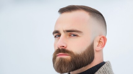 Obraz premium Confident Bearded Man Embracing His Receding Hairline in Stylish Fashion Portrait with Minimalistic Background Highlighting Facial Features and Modern Grooming.