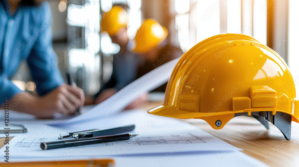 Fototapete close up shot of engineers studying blueprints with yellow hard hats on table, showcasing teamwork a