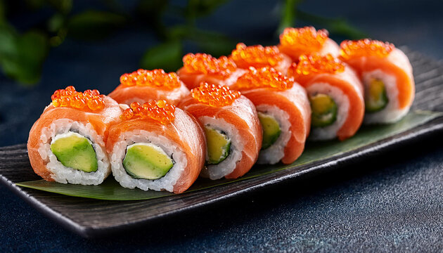 rollos de sushi con relleno de vegetales frescos y cubiertos con salmon y huevas de tobiko los colores brillantes y la textura clever del salmon se combinan perfectamente con el arroz y las huevas