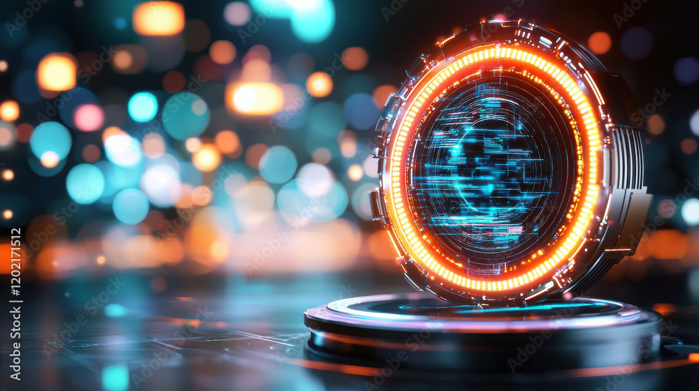 Poster detailed 3D rendering of futuristic AI driven technology with glowing elements and vibrant background. This evokes sense of innovation and advanced digital design