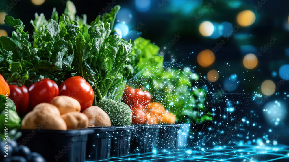Fototapete fresh vegetables in crates with digital effects representing technology