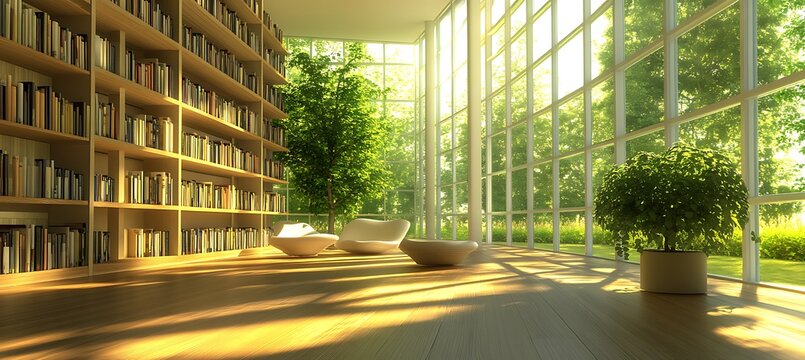 A modern library with floor-to-ceiling bookshelves, comfortable seating areas, and natural light 