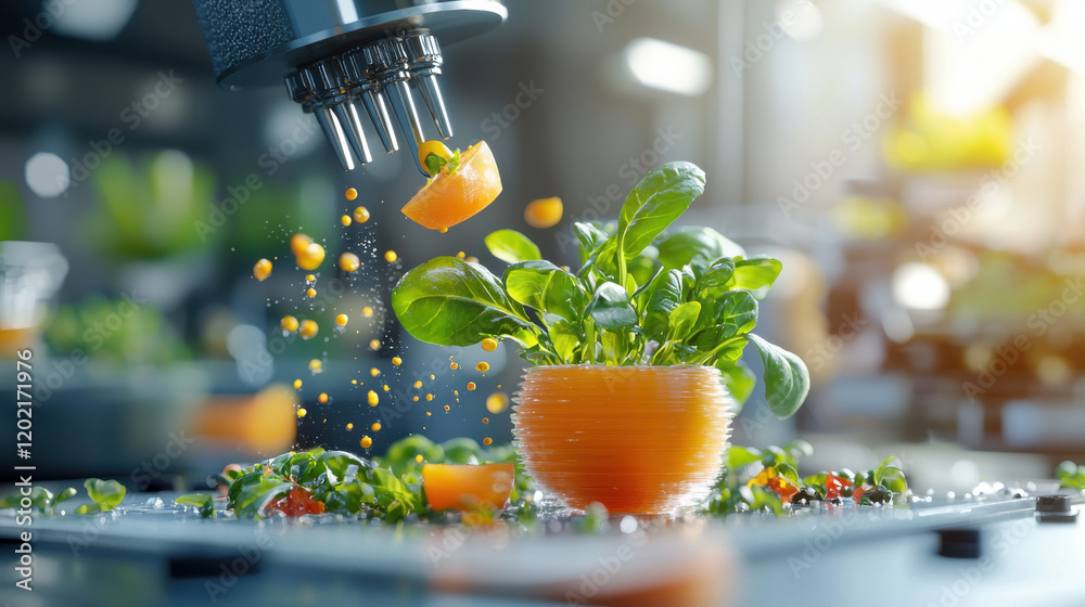 Aufkleber detailed depiction of food scientists testing 3d printed vegetables, showcasing innovative technolog