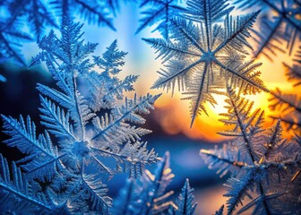 Frozen patterns etched on a frosted window reveal a blue ice crystal silhouette.