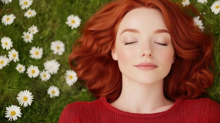 Naklejka premium Redhead Woman Relaxing in Grass Surrounded by Daisies with Peaceful Expression and Closed Eyes, Highlighting Natural Tranquility, Relaxation, and Beauty in Serene Outdoor Setting