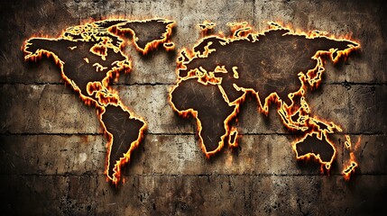 Fiery World Map on a Grungy Wall: A Global Perspective