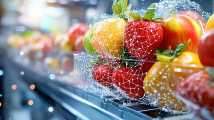 High tech fruit packaging with apples and strawberries on conveyor belt, showcasing modern technology in food processing. vibrant colors and innovative design create appealing visual