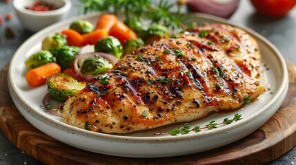 Delicious grilled chicken steak served with baked vegetables and herbs in plate