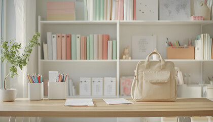 Blank wooden table top on blurred schoolchild room interior background