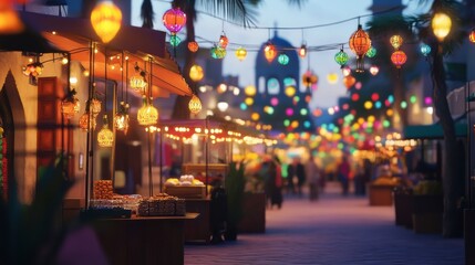 A vibrant Ramadan street market filled with colorful lights and food stalls