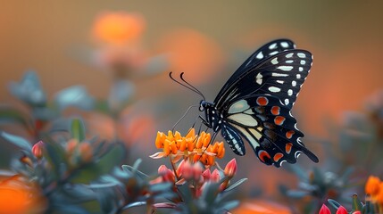 Beautiful butterfly on colorful flowers in garden