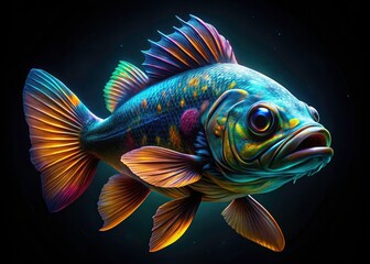 Fototapeta premium Generative digital art: black-background, surreal aquatic fish, painted in dark hues.