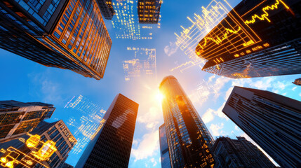 stunning view of skyscrapers with digital projections and data overlays, showcasing modern architecture and technology in urban setting