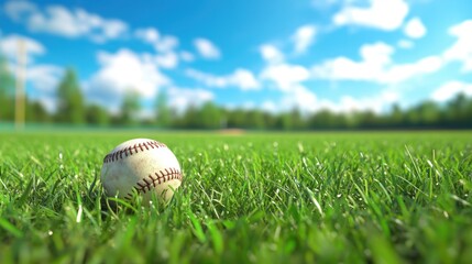 Baseball on green field on stadium