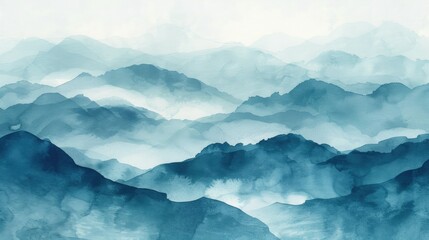 Watercolor-style painting of mountain ranges with mist covering the lower portions