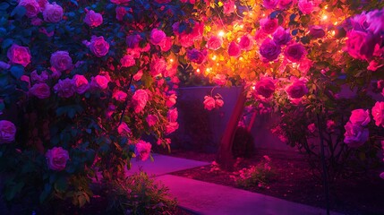 A rose bush in full bloom, each petal glowing with rich, deep color, creating a vibrant and lively scene