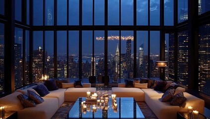 A luxurious penthouse living room with floor-to-ceiling windows overlooking the city skyline at night