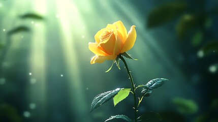 A single yellow rose in a garden surrounded by green leaves, the petals slightly open and glowing in the sunlight