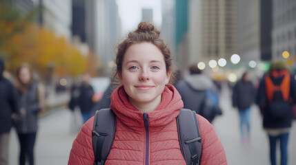 Fototapeta premium Portrait of a Confident Young Adult in Urban Street Setting with Autumn Vibe and Vibrant Colors Capturing Modern City Life and Diversity